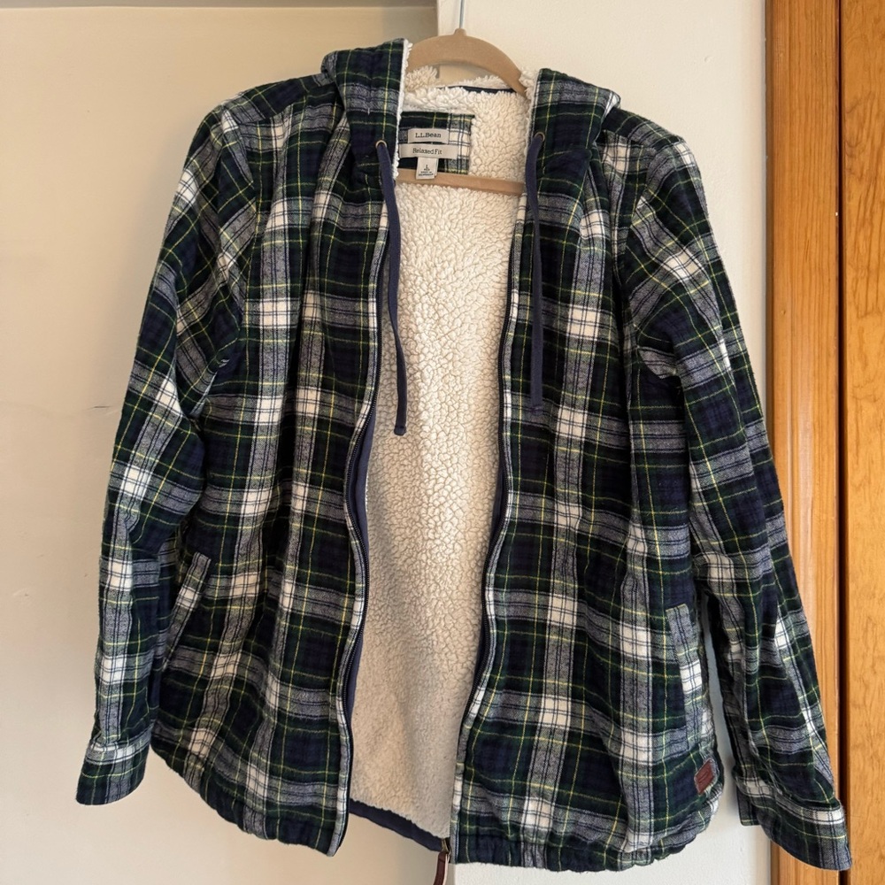 LL Bean Women’s Scotch Plaid Flannel shirt, Sherpa-lined zip hoodie - large